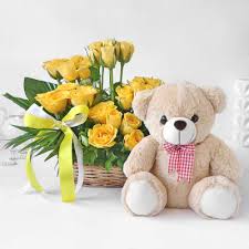 20 yellow roses with teddy 6 inches in basket