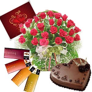 24 red roses basket with 4 temptation chocolates with 1 kg Cake and card
