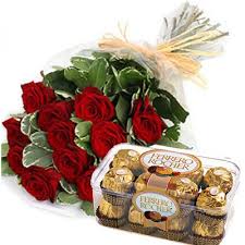 ferrero rocher chocolates with 12 red roses bouquet