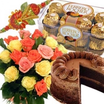 3 rakhis with 1 kg cake, 16 ferrero rocher and 12 roses bouquet