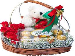 12 red roses basket ferrero rocher with teddy
