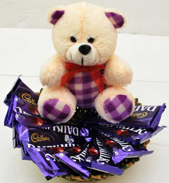 6 inch Teddy with 10 Dairy milk chocolates in basket