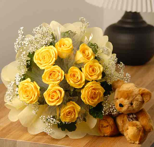 20 yellow roses with teddy