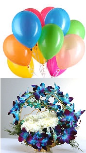 10 air Balloons 6 White carnations 6 Blue Orchids on handle of basket