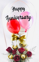 Happy anniversary transparent printed transparent balloon with 2 pink balloons and 6 roses arrangement and 4 ferrero