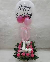 30 Pink White ross 2 pink balloons inside transparent Balloon Printed with Happy Birthday Only for Pune and Mumbai