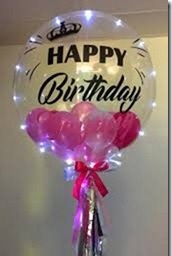 1 bubble transparent balloon with happy birthday print on balloon and pink balloons inside with led lights