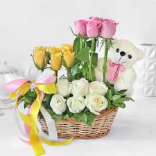 20 yellow pink white roses with teddy 6 inches in basket