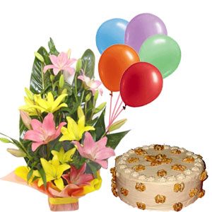 Lilies and Butter scotch cake with balloons