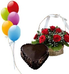 Heart Shaped chocolate Cake 1 kg 5 balloons 12 red roses basket