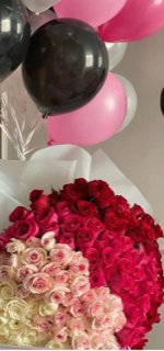 4 roses bouquet 15 white 15 light pink 15 dark pink 15 red with 15 pink white and black balloons
