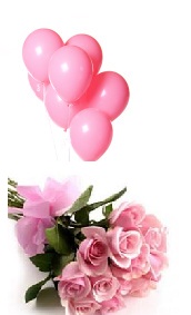 6 Air Blown Pink Balloons with 12 Pink roses