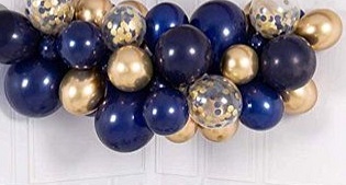 30 Gas filled gold blue confetti Balloons tied to ribbons
