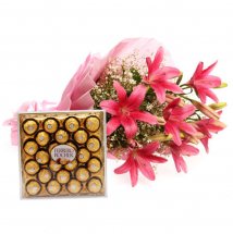 24 Pieces Ferrero Rocher Chocolates with Pink Lilies bouquet