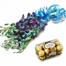 16 Ferrero rocher Chocolates and 10 Blue orchids bouquet