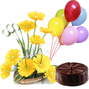 1 pound Cake, 3 balloons and 12 gerberas hand bouquet