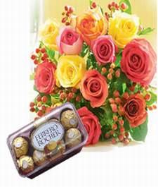 16 pieces ferrero rocher with 12 mix roses