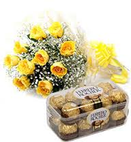 16 pieces  ferrero rocher chocolates with 12 yellow roses bouquet