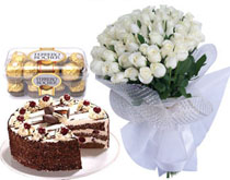 30 White roses, 16 ferrero rocher, 1 kg cake