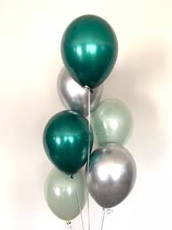 10 Gas filled green silver Balloons tied to ribbons