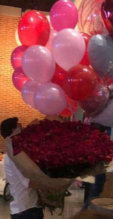 50 red roses bouquet with 20 red and pink gas balloon bouquet