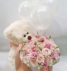 20 Pink and white roses pastel shades Bouquet Teddy 6 inches and 3 clear balloons on sticks