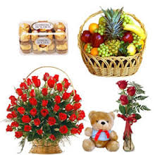 3 kg Fruits, teddy, 30 roses basket, 3 roses in a vase and chocolates