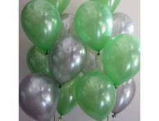 20 Gas filled green silver Balloons tied to ribbons