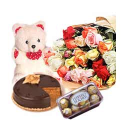 50 Roses,1/2 kg Lip smacking Chocolate Cake, 200gms Ferrero Rocher with Teddy