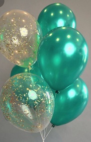 15 Gas filled confetti green Balloons tied to ribbons