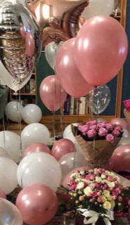 20 Helium Gas Filled pink and white Balloons with two flower bouquets 10 pink roses and 10 pink and white roses