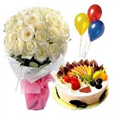 3 Air Filled Balloons with 12 White roses Bouquet and 1/2 Kg Fresh Fruit Cake