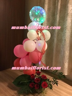 Led Light balloon Pink red white balloons arrangement with roses For Pune Mumbai Dehradun
