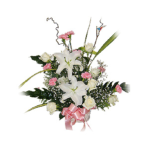 White lilies pink carnations white roses basket arrangement