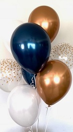 10 Gas filled gold blue white confetti Balloons tied to ribbons