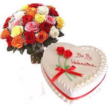 A heart Arrangement of 20 mix roses and 1 kg heart cake