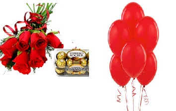 6 red roses hand tied with 12 red air balloon and 16 ferrero rocher chocolates