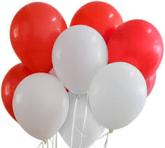 10 Gas filled red and white Balloons tied to ribbons