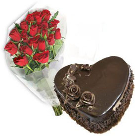 12 red Roses 1 Kg chocolate heart shaped Cake