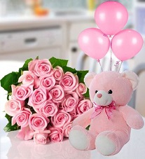 PINK Teddy 12 Pink roses 3 air filled Pink balloons