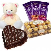 3 Cadburys Silk chocolates with Teddy 1 Kg chocolate Heart cake and 16 Ferrero rocher chocolates
