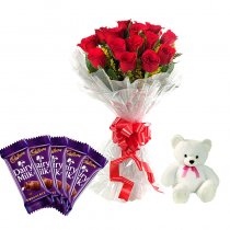 5 Cadburys Dairy mulk chocolates with 12 Red roses and Teddy (6 inches) 
