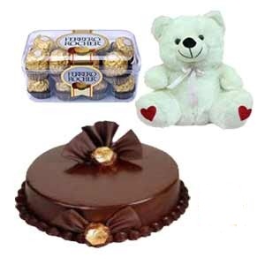 Ferrero rocher 16 piece box with 6 inches Teddy and half kg chocolate cake