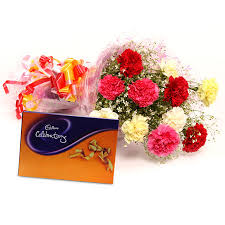 Cadburys celebration with 10 Mix Carnations bouquet