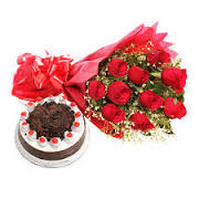 black forest Cake with 12 Lovely Dutch Roses