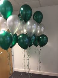 15 Gas filled green silver Balloons tied to ribbons